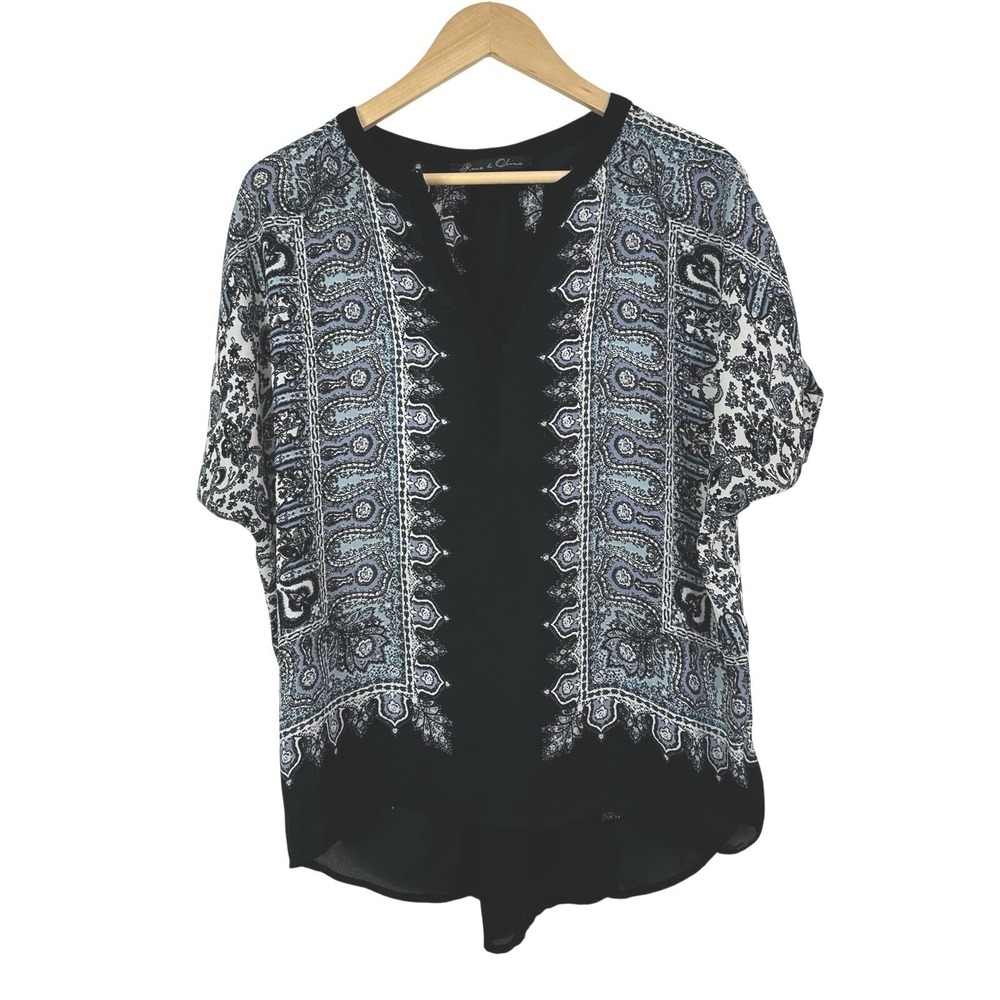 Rose & Olive Boho Top Womens Medium Blue Black Paisley‎ Floral Lightweight Boxy